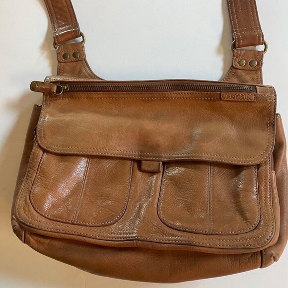 Fossil Tan Leather Crossbody Shoulder Bag With Adjustable Strap & Front Pockets - Picture 1 of 12